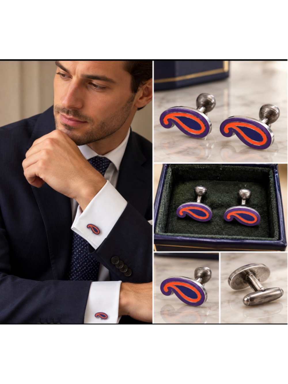 Etro Paisley Cufflinks, One Size, Blue and Orange Italian Luxury New in Box